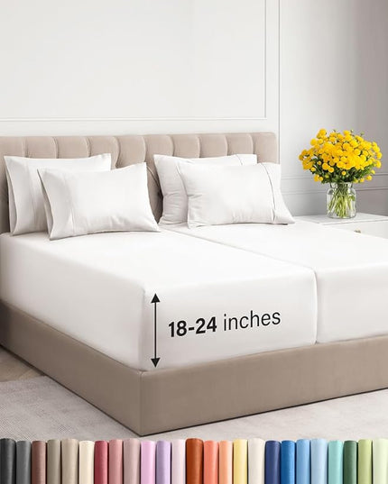 Extra Deep Split King Sheet Set - 7 Piece Breathable & Cooling Sheets - Hotel Luxury Bed Sheets Set - Easy Fit - Soft, Wrinkle Free & Comfy Sheets Set - Antique White Sheet Set w/Extra Deep Pockets