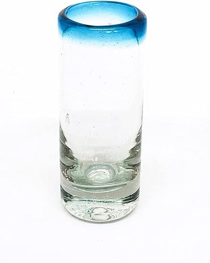 Aqua Blue Rim 2 oz Tequila Shot Glasses (set of 6), Recycled Glass, Lead-free, Toxin-Free (Shot)