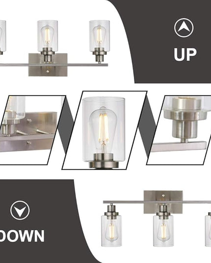 MELUCEE 3 Lights Wall Sconce Brushed Nickel Finished Modern Bathroom Vanity Light Fixtures with Clear Glass Shade Suit for Porch Bedroom Foyer Kitchen (Patent No.: US D963914 S)