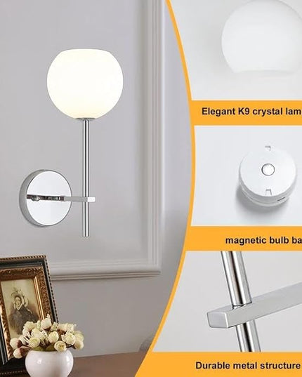 Chrome Battery Operated Wall Sconces Set of 2, Rechargeable Wireless Wall Lights with Milky White Frosted Glass Shade, 12 RGB and 3CCT Dimmable, Wall Lamps with Remote for Bedroom Living Room Hallway