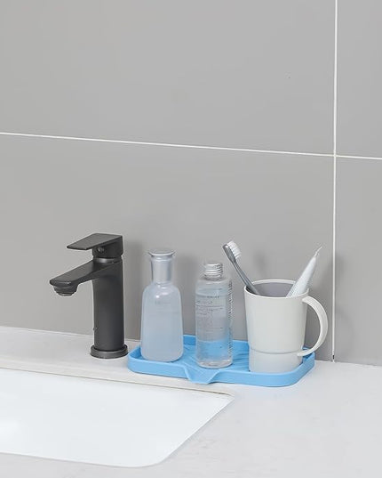 Silicone Bathroom Soap Dishes with Drain Spout-Bathroom and Kitchen Sink Organizer,Sponge Holder,Dish Soap Tray,Perfect for Dispenser,Scrubber,Bottle on Sink or Counter-Light Blue 9.6"×5.3"