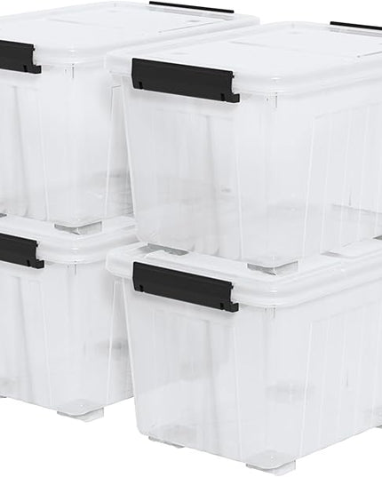 Zopnny 30 Quart Plastic Stacker Box, Large Storage Bin Container with Latching Lids and Wheels for Home and Garage Organizing, Shoes, Tools, Clear Base, 4-Pack