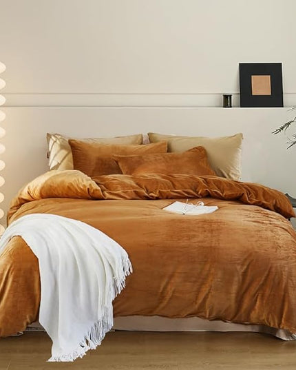 Luxlovery Pumpkin Velvet Comforter Set Twin Rust Flannel Plush Fluffy Bedding Comforter Set Terracotta Solid Color Sherpa Micromink Blanket Quilts 3 Piece Rust Brown Flannel Warm Bedding Set