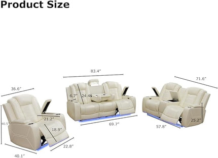 Power Recliner Chair Set, Leather Reclining Sectional Couch with Adjustable Angle, Living Room Furniture Sets, Modern Reclining Single Chair with Armrests and Backrests for RV(Creamy White)