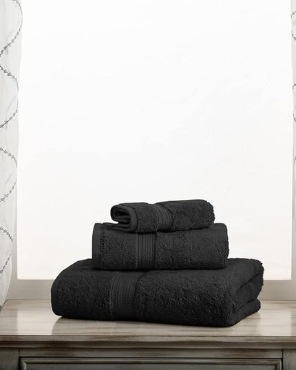 Superior Egyptian Cotton Pile 3 Piece Towel Set, Includes 1 Bath, 1 Hand, 1 Face Towel/Washcloth, Ultra Soft Luxury Towels, Thick Plush Essentials, Guest Bath, Spa, Hotel Bathroom, Black