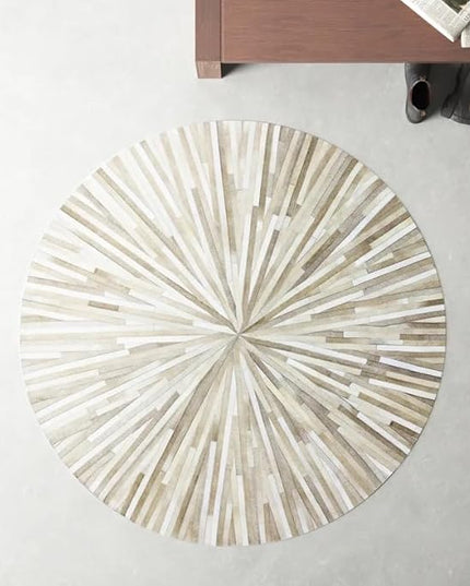 Premium Cowhide Leather Hand Made Stripes Patterned Round Area Rug - 8X8 ft - Beige, Premium Hand Made House Carpet for Living Room, Bedroom, Entryway