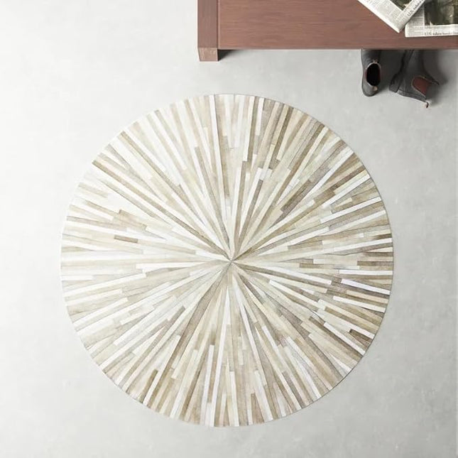 Premium Cowhide Leather Hand Made Stripes Patterned Round Area Rug - 8X8 ft - Beige, Premium Hand Made House Carpet for Living Room, Bedroom, Entryway