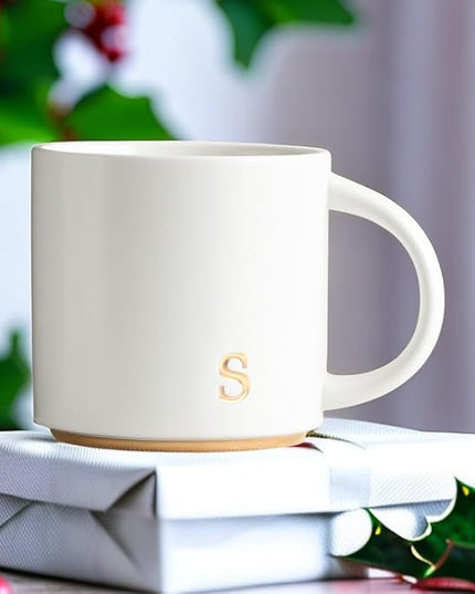 COLLECTIVE HOME - Monogram Ceramic Mugs, 15 oz Golden Initial Coffee Cups, Elegant Alphabet Tea Mugs, Elegant Personalized Mug with Gift Box, Luxurious Cups for Office and Home (s)