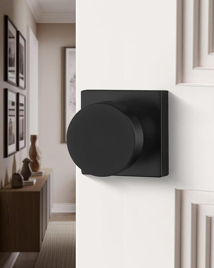 Black Door Knobs Interior, Heavy Duty Passage Door Knob, Square Closet Door Knob for Hall, Zinc Alloy Matte Black DoorKnob (1 Pack)