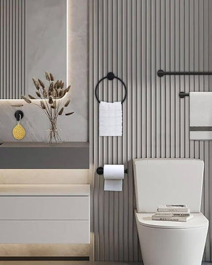 12 PCS Matte Black Round Towel Bar Set, Bathroom Towel Bar Set Include 24 inch,16 inch Towel Bar, Toilet Paper Holder, Towel Ring, Towel Hooks, Stainless Steel Bathroom Accessories Set