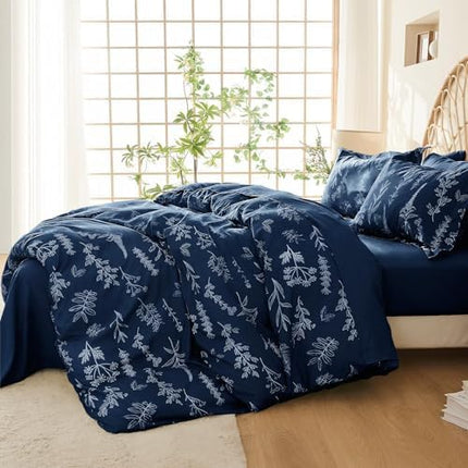 MUXHOMO Navy Blue Bed in a Bag Queen 7 Pieces, Queen Comforter Set Reversible Botanical Flowers Design, Ultra Soft & Breathable Bedding Sets with Comforter, Sheets, Pillowcases & Shams