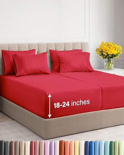 Extra Deep Split King Sheet Set - 7 Piece Breathable & Cooling Sheets - Hotel Luxury Bed Sheets Set - Easy & Secure Fit - Soft, Wrinkle Free & Comfy Sheets Set - Red Sheet Set with Extra Deep Pockets