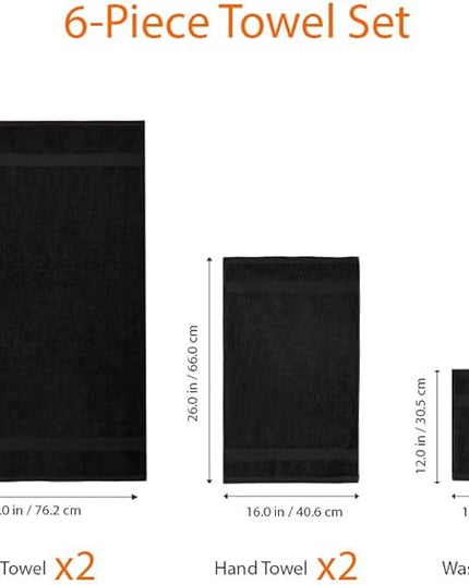 Amazon Basics 6 Piece Oversized Fade resistant Towel set, 100% Cotton towels for bathroom, soft and absorbent, 2 Bath Towels, 2 Hand Towels and 2 Washcloths bathroom towel set, Black