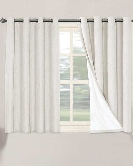 H.VERSAILTEX Primitive Linen Curtains 100% Blackout Curtain Drapes Burlap Fabric Curtains with White Thermal Insulated Liner, Grommet Top Drapes Living Room/Bedroom (2 Panels, 52 x 45 Inch, Ivory)