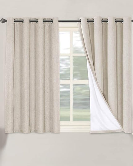 H.VERSAILTEX Linen Blackout Curtains 45 Inches Long 100% Blackout Thermal Insulated Textured Linen Look Curtain Draperies Anti-Rust Grommet, Energy Saving with White Liner, 2 Panels, Natural