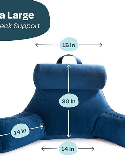 LINENSPA Reading Pillow with Shredded Memory Foam- Back Pillow for Sitting in Bed, Reading, Gaming, Watching TV – Bed Chair Pillow with Arms, Dorm Room Essentials, Navy