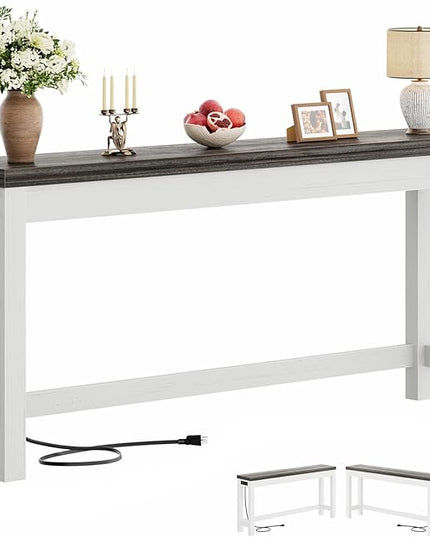 Cyclysio 63" Console Tables for Entryway, Long Console Tables for Living Room, Behind Couch Table, Sturdy Wood Support Farmhouse Entryway Table with 3AC+2USB Charging‌ Station, Oak Grey