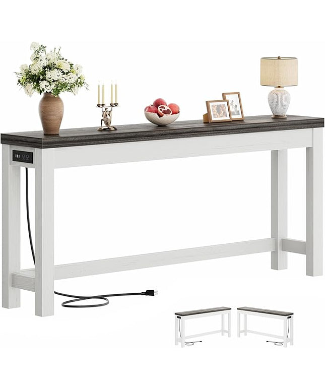 Cyclysio 63" Console Tables for Entryway, Long Console Tables for Living Room, Behind Couch Table, Sturdy Wood Support Farmhouse Entryway Table with 3AC+2USB Charging‌ Station, Oak Grey