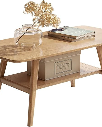 100% Solid Oak Wood Coffee Table for Living Room, 2-Tier Small Coffee Tables with Shelf Storage, Mid Century Modern Table with Rounded Corners (Natural, 39.37" x 19.68" x 17.32")