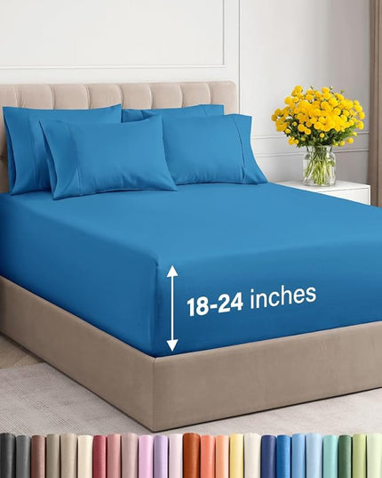 Extra Deep King Sheet Set - 6 Piece Breathable & Cooling Sheets - Hotel Luxury Bed Sheets Set - Easy & Secure Fit - Soft, Wrinkle Free & Comfy Sheets Set - Denim Blue Sheet Set with Extra Deep Pockets