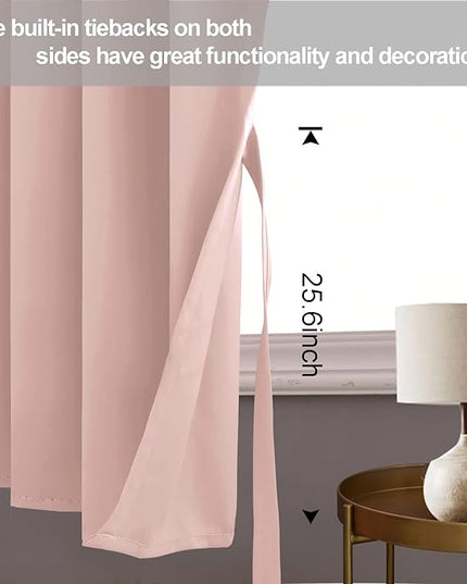 JIUZHEN Blackout Curtains with Tiebacks - Thermal Insulated, Light Blocking and Noise Reducing Grommet Curtain Drapes for Bedroom and Living Room, Set of 2 Panels, 42 x 45 Inch Length, Blush Pink
