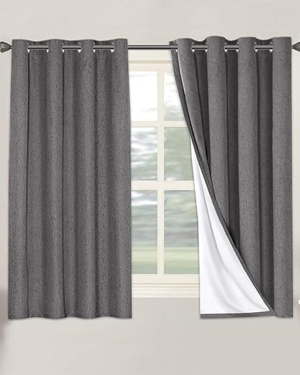 H.VERSAILTEX Linen Blackout Curtains 54 Inches Long 100% Absolutely Blackout Thermal Insulated Textured Linen Look Curtain Draperies Anti-Rust Grommet, Energy Saving with White Liner, 2 Panels, Grey