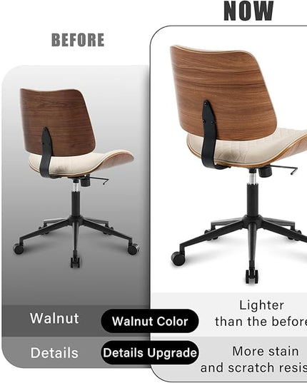Home Office Chair No Arms with Wheels, Adjustable Height Small Desk Chair, PU Leather Mid Back 360 Swivel Computer Chair, Armless Modern Walnut Chair for Office, Reading Meeting Room(Beige)