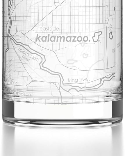 Well Told Engraved Kalamazoo Michigan Map Rocks Glass, Old Fashioned Glassware (11 oz, Clear) Etched Bourbon Tumbler, Gifts For Whiskey Lovers