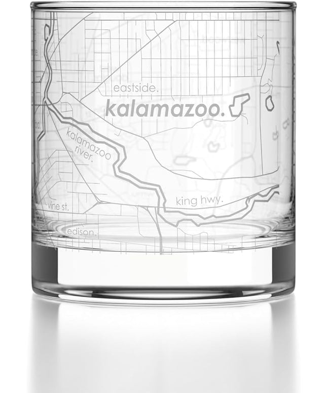Well Told Engraved Kalamazoo Michigan Map Rocks Glass, Old Fashioned Glassware (11 oz, Clear) Etched Bourbon Tumbler, Gifts For Whiskey Lovers