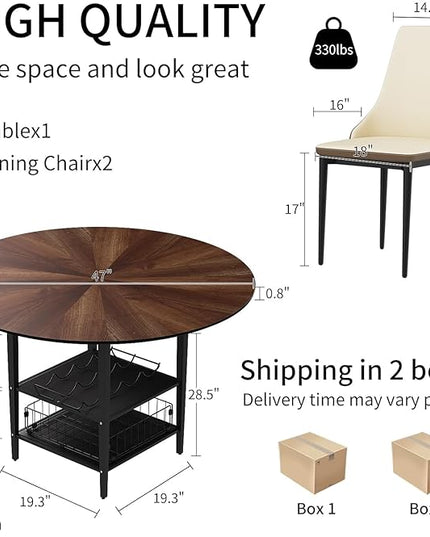VFK 47" Round Kitchen Table Set with Storage Base & Metal Legs, 5-Piece Wooden Dining Set for 4 to 6 People, Includes 4 Upholstered Chairs for Dining Room, Living Room or Kitchen