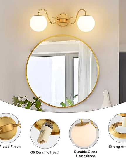 2 Lights Bathroom Vanity Light Fixtures Over Mirror, Brushed Gold Vintage Vanity Lights For Bathroom With Milk White Glass Globe Shade, Wall Lights For Bedroom, Hallway, Dressing Table,Includ G9 Bulbs