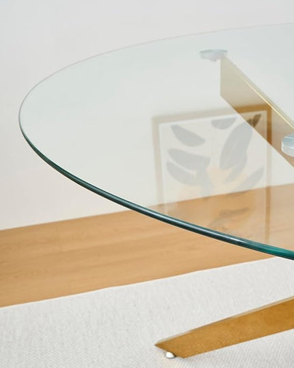 47.24" Round Glass Dining Table Modern Kitchen Glass Top Table for 6 with Gold Chrome Metal Legs, Clear Dining Table Kitchen Table for Home Office Dining Room