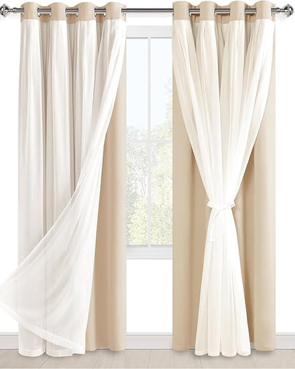 Hiasan Blackout Curtains with Sheer Overlay, Thermal Insulated Mix & Match Double Layer Room Darkening Curtains for Bedroom, Living Room, Nursery, 2 Window Panels Sewn with Tiebacks, Beige, 52W X 84L