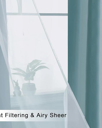 Hiasan Blackout Curtains with Sheer Overlay,Thermal Insulated Mix & Match Double Layer Room Darkening Curtains for Bedroom,Living Room,Nursery,2 Window Panels Sewn with Tiebacks,Stone Blue,52W X 84L