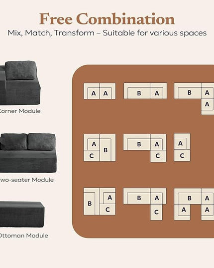 106" Cloud Sectional Couch, Left/Right Facing Convertible Sofa with Deep Seat, L-Shape Modular Upholstered Foam Couch for Living Room Bedroom, No Assembly Required (Corduroy Fabric, Grey)