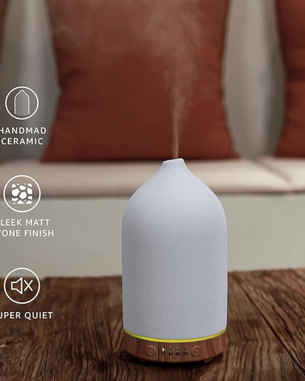 200ML Ceramic Essential Oil Diffuser - Ultrasonic Aromatherapy & Humidifier with 7-Color LED Lights, Auto Shut-Off, Wood Grain Base, 1H/3H/6H Timer | Scent for Home, Office, Yoga
