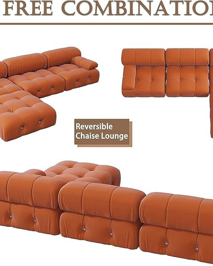 JACH 104" Sectional Couches for Living Room, L-Shaped Minimalist Velvet Sofas, Mid-Century Modular Sofa with Reversible Chaise Ottoman, Orange Sofas Furniture for Living Room, Apartment