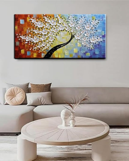 YaSheng Art -Handmade Colorful 3D Flowers Art Oil Painting On Canvas Texture Palette Knife Tree Paintings Modern Abstract Canvas Wall Art Home Interior living room Bedroom Decor Art 24x48inch