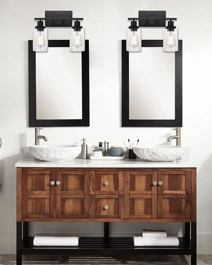 MELUCEE 2-Light Black Wall Sconce Industrial Vintage with Clear Glass Shade and Metal Base, Bathroom Vanity Lights Hallway Light Fixture Sconces Wall Lighting (Patent No.: US D963914 S)