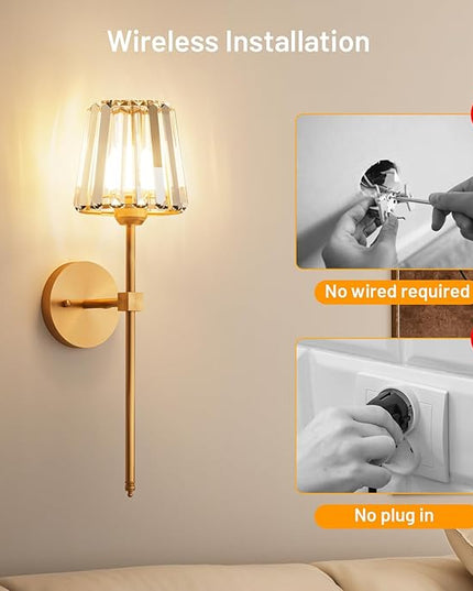 Crystal Battery Operated Wall Sconces Set of 2, Gold Rechargeable Wireless Wall Sconce Lights with Crystal Lampshade, 12 RGB and 3CCT Dimmable Wall Lamps with Remote for Bedroom Living Room Hallway