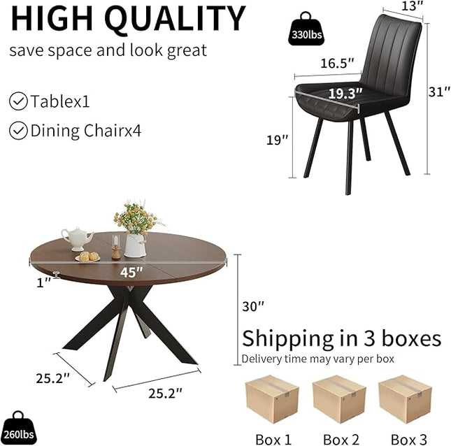 Walnut Round Dining Table Set for 4, Mid-Century Modern Kitchen Table and Chairs, Small Space Dining Room Furniture for Apartment, Breakfast Nook or Studio (Walnut wood-1 Table + 4 Black Chairs)
