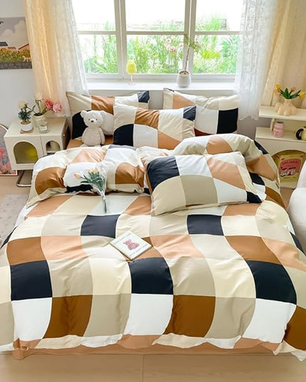 Hosueri Black White Brown and Cream Plaid Comforter Set Full Size Teen Boys Girls Warm Comfy Multicolor Beige Grid Distorted Checkered Bed Quilts Soft 3 Piece Preppy Modern Dorm Bedding Blankets Full