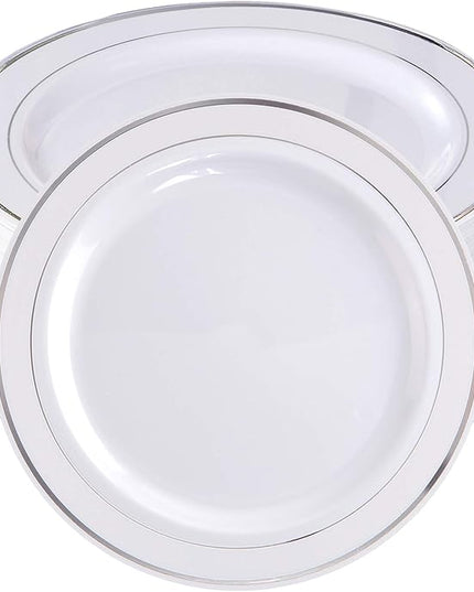 bUCLA 100Pieces Silver Plastic Plates - 10.25inch Silver Rim Disposable Dinner Plates - Ideal for Weddings, Parties