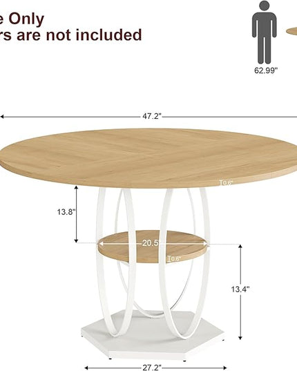 Round Dining Table for 4, 3-Tier Dinner Room Tables with Storage Shelf, Space Saving Small Kitchen Table, Farmhouse Dinner Table with Wooden Tabletop and Hexagonal Base (Wood, 47inch)
