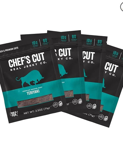 Chef's Cut Beef Jerky Meat, Teriyaki (2.5 Ounce Bags, Pack of 4) - High Protein, 10g Protein, 80 Calories, Gluten-Free, Premium Lean Smoked Beef, Keto Friendly Snack, Low Carb Snack