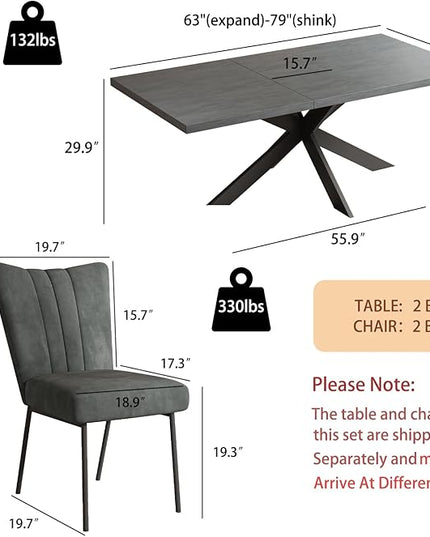 ZckyCine 63"-79" Extendable Dining Table Set with 6 Velvet Dining Chairs, Modern Rectangular Kitchen Table Set for 6-8 People, Space-Saving Expandable Dining Table with Metal Frame