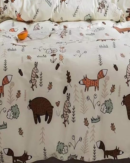 Houseri Beige Bear Comforter Set Queen Teen Girls Woodland Kawaii Fox Rabbit Cartoon Bedding Sets Full Size Boys Animal Patterned Comforter Comfy Soft Forest Theme Dorm Bed Quilt Blanket Full 3 PCS