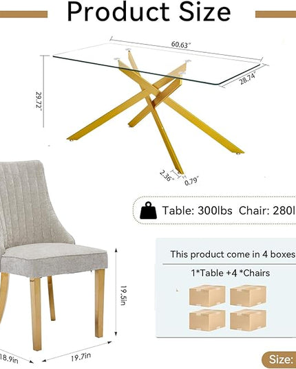 Rectangle Glass Dining Table Set for 4, 60'' Kitchen Table and Chairs Set, 5PCS Modern Dining Room Table Set with 4 Dining Chair for Home