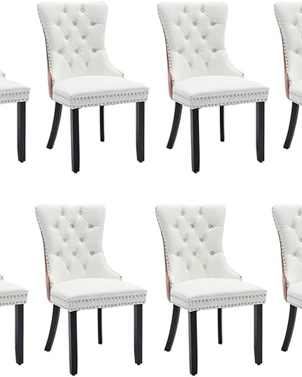 SoarFlash Leather Dining Chairs Set of 8, Tall Back Side Chair, Modern Upholstered Side Chair with Button Back Ring, Solid Wood Legs (Pink&White)