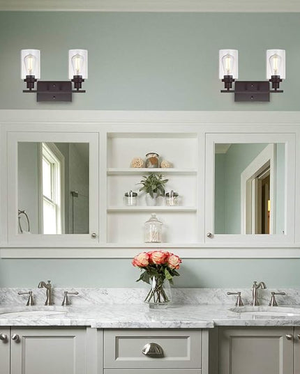 MELUCEE 2-Light Industrial Bathroom Lighting Oil Rubbed Bronze with Clear Glass Shade, Porch Light Fixtures Wall Mount Sconces for Bedroom Living Room Kitchen (Patent No.: US D963914 S)